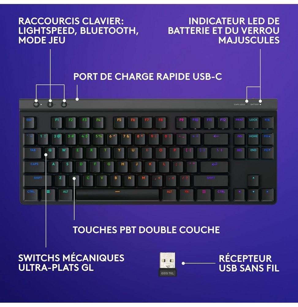 Clavier Logitech gaming sans fil G515 LIGHTSPEED TKL (920-012546)