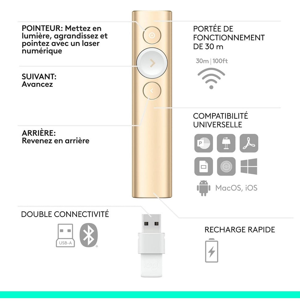 Télécommande de présentation Logitech Wireless Presenter Spotlight Gold (910-004862)