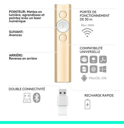 Télécommande de présentation Logitech Wireless Presenter Spotlight Gold (910-004862)