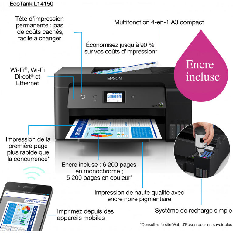 Epson EcoTank L14150 Imprimante A3+ MFP à réservoirs rechargeables (C11CH96403)